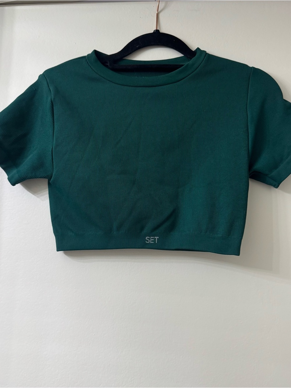 Set Active Cropped Short Sleeve Ribbed Green Top Size Medium